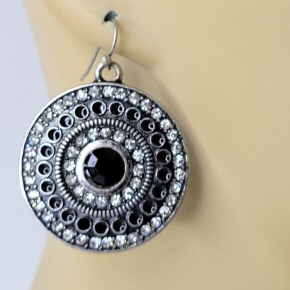 Silver and Black Oxidised Circular Drop Earrings - Picture 2 of 9